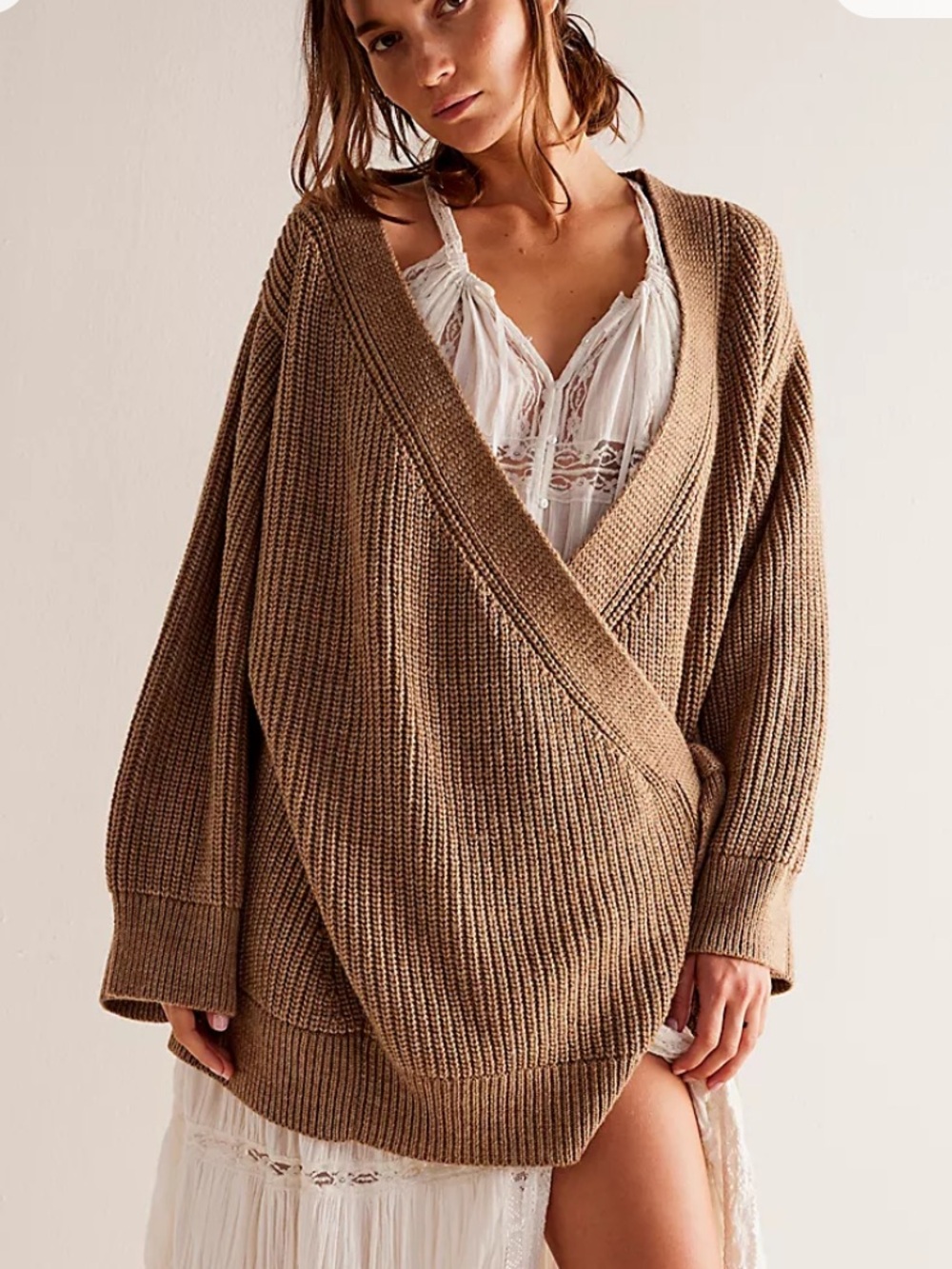 We The Free People Obi Cardi Driftwood Wrap Cardigan Sweater Med NWT $168 Wool